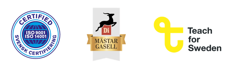ISO-, Mästargasell-, och Teach for Sweden logotyper